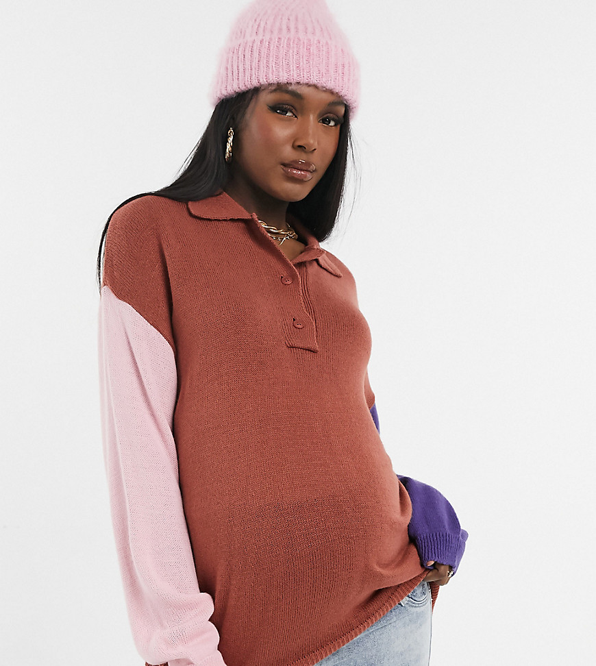 ASOS DESIGN Maternity oversized rugby style sweater with collar in colorblock-Multi