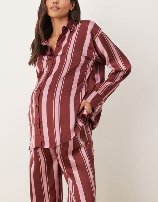 ASOS DESIGN Maternity oversized satin striped shirt and pants pajama set in burgundy stripe