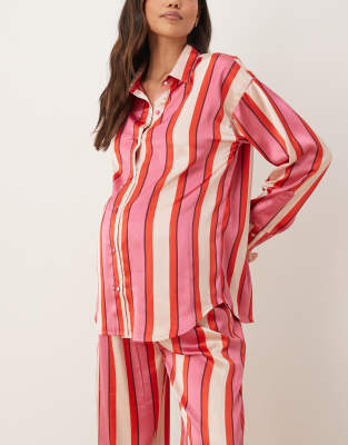 Asos Maternity Asos Design Maternity Oversized Satin Striped Shirt And Pants Pajama Set In Red