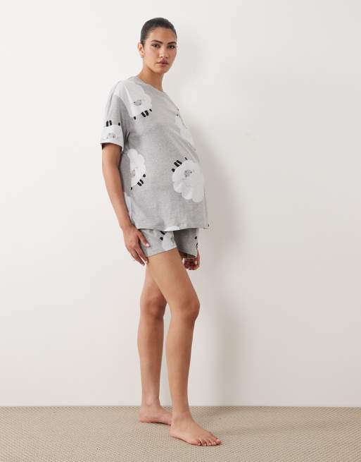 ASOS DESIGN Maternity oversized short sleeve tee & short pyjama set in grey marl sheep print, 2 of 4