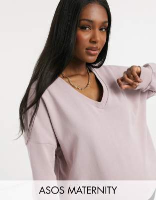 ASOS DESIGN Maternity oversized sweatshirt with drop v neck in mink-Pink