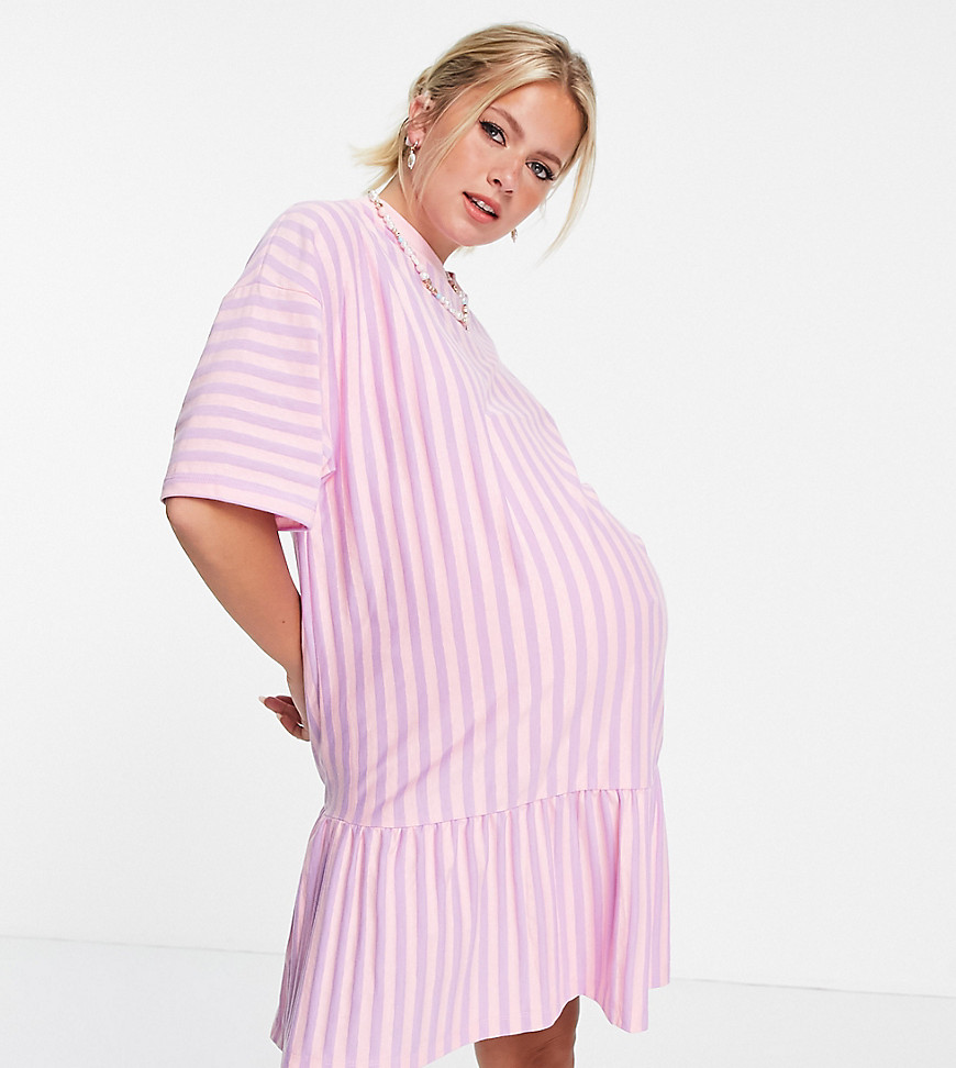 ASOS DESIGN Maternity oversized t-shirt dress with frill hem in pink and lilac stripe