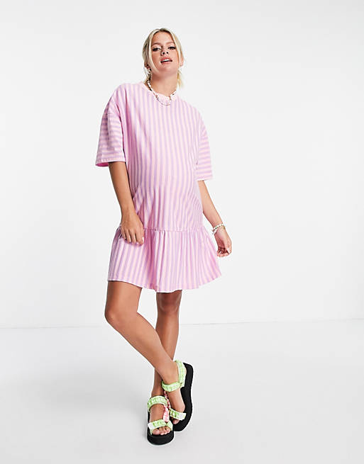 Dresses Maternity oversized t-shirt dress with frill hem in pink and lilac stripe 