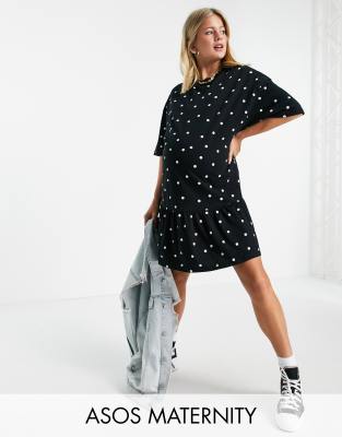 Asos Maternity Maternity Oversized T-shirt Dress With Ruffle Hem In Mono Dot-black