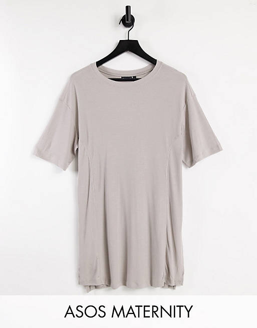 ASOS DESIGN Maternity oversized t-shirt with side splits and stitch detail in rib in stone