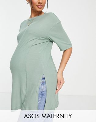 ASOS DESIGN Maternity oversized t-shirt with side splits and stitch detail in rib in teal