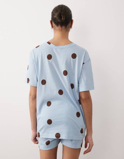 ASOS DESIGN Maternity oversized tee and short pyjama set in blue & chocolate polka dot, 2 of 4