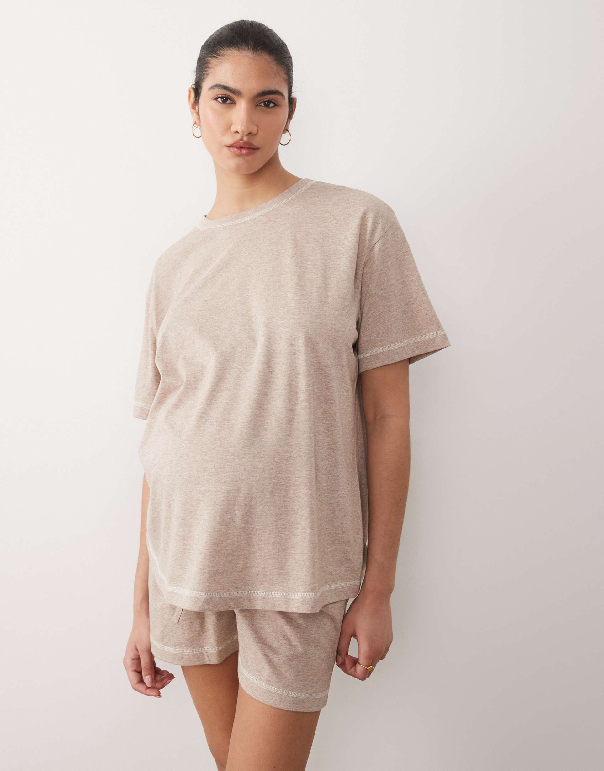 asos design maternity oversized tee and shorts pajama set in heathered brown