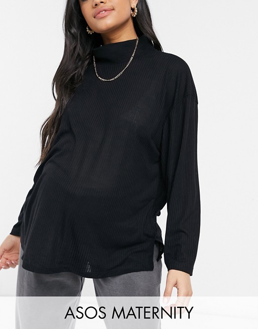 ASOS DESIGN Maternity oversized top in drapey rib with structured high neck in black