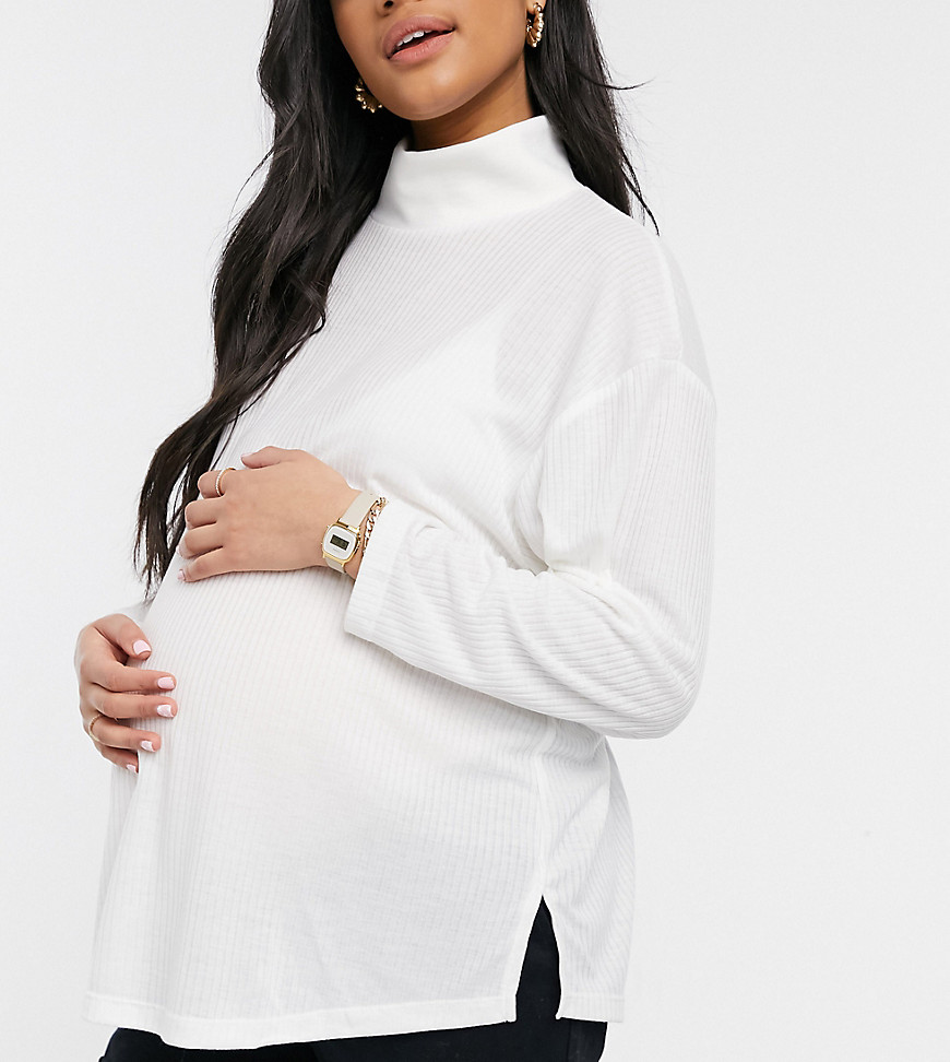 ASOS DESIGN Maternity oversized top in drapey rib with structured high neck in cream-Black