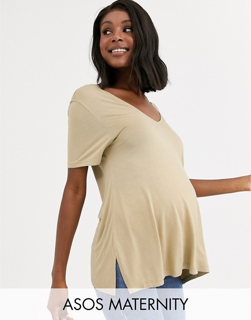 ASOS DESIGN Maternity oversized v front and v back t-shirt in stone