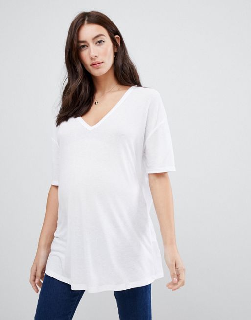 ASOS DESIGN Maternity oversized v-neck t-shirt in rib in white