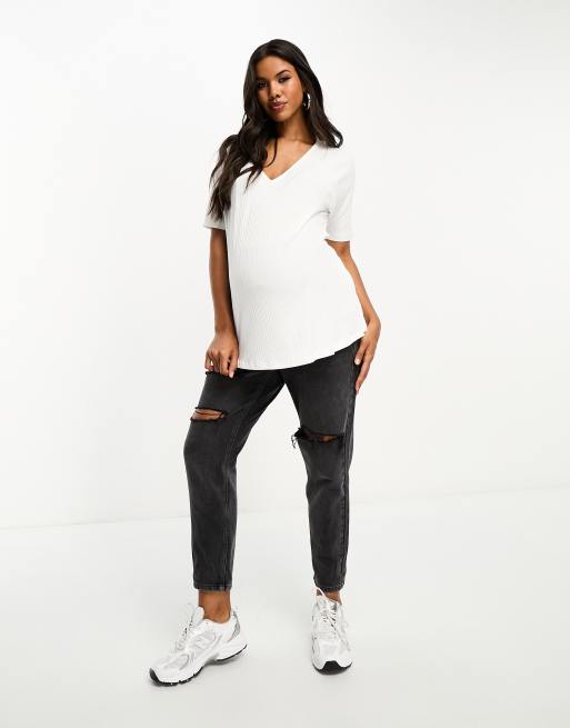 ASOS DESIGN Maternity oversized v-neck t-shirt in rib in white