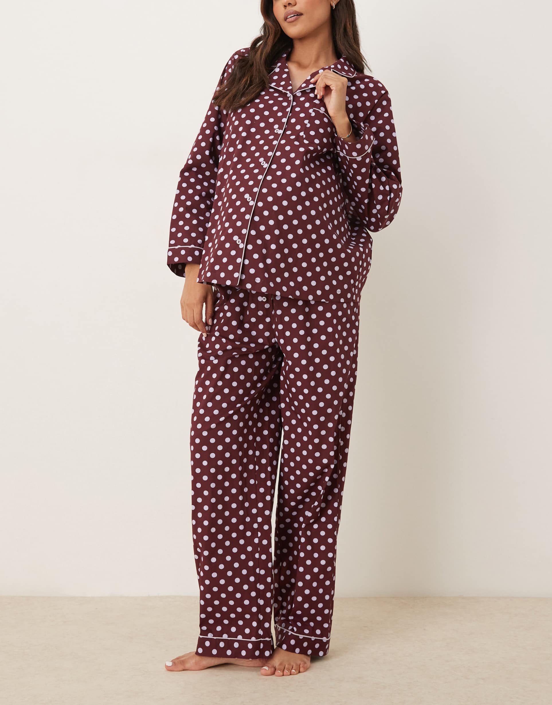 asos design maternity pajama set in polka dot with velvet trim