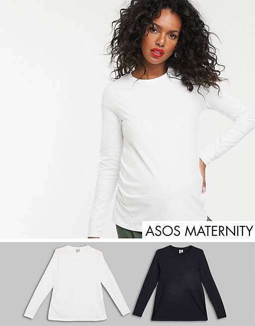 ASOS DESIGN Maternity - Pakke med 2 ultimative T-shirts med lange ærmer i slim fit i sort og hvid, økologisk bomuld - SPAR