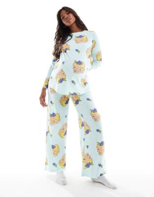 ASOS DESIGN Maternity pancakes long sleeve top & pants pajama set in blue