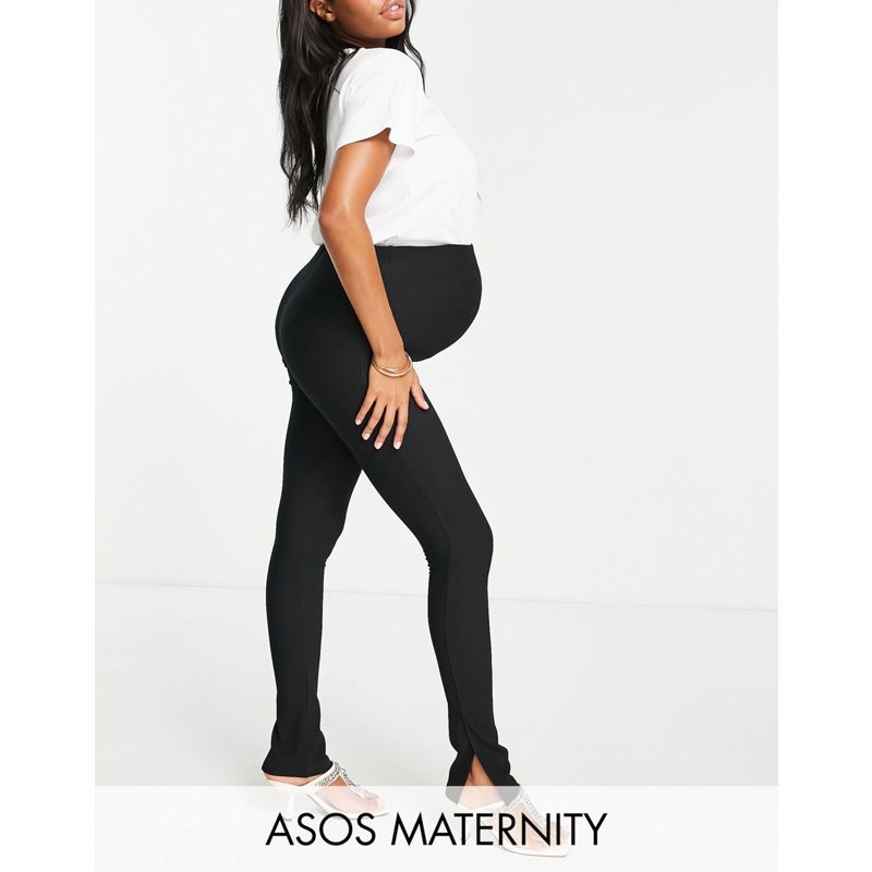 Leggings Pantaloni e leggings DESIGN Maternity - Pantaloni a vita alta con fascia sopra il pancione e spacco in ottoman a coste nero