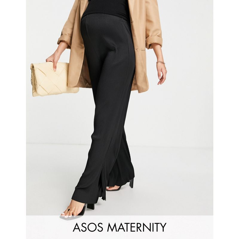 R94Rs Pantaloni con fondo ampio DESIGN Maternity - Pantaloni plissettati con fondo ampio e fascia sopra il pancione neri con spacchi laterali