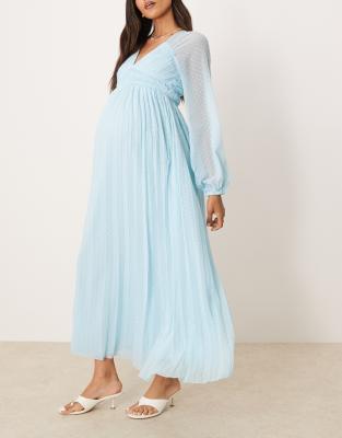 ASOS DESIGN Maternity - Pastelblå midaxi-kjole med dyb udskæring, lange ærmer og plisseringer - view 1