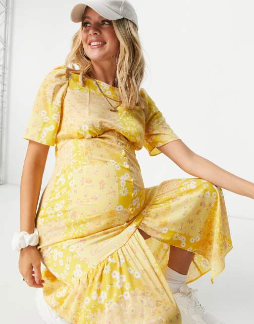 ASOS DESIGN Maternity pephem midi tea dress in yellow mixed daisy floral print