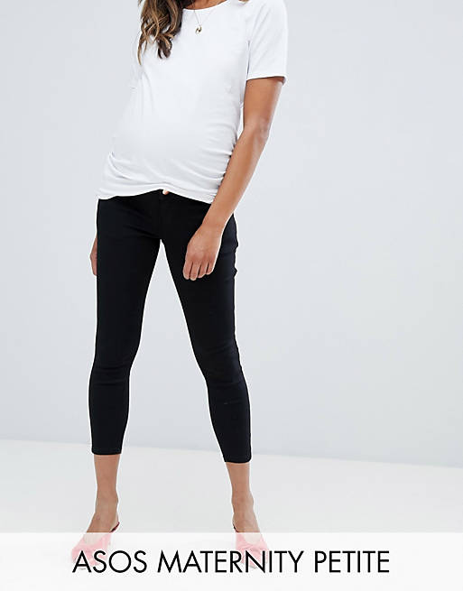 ASOS DESIGN Maternity Petite high rise ridley 'skinny' jeans in clean black with over the bump waistband