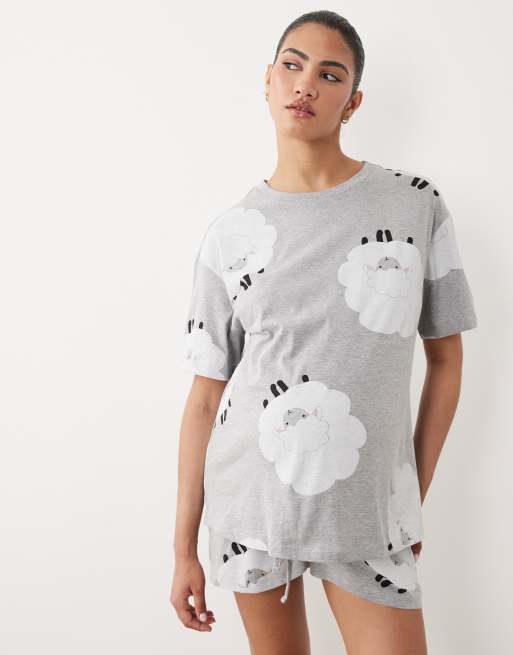 ASOS DESIGN Maternity - Pigiama con T-shirt a maniche corte oversize e pantaloncini grigio mélange con stampa di pecore