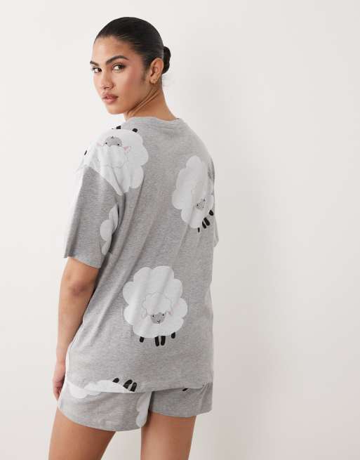 ASOS DESIGN Maternity - Pigiama con T-shirt a maniche corte oversize e pantaloncini grigio mélange con stampa di pecore, 4 di 4