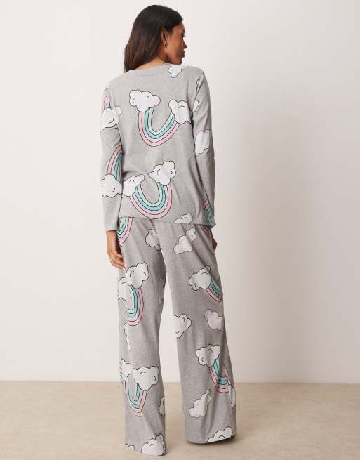 ASOS DESIGN Maternity - Pigiama grigio mélange con stampa di arcobaleni composto da pantaloni e top a maniche lunghe, 4 di 4