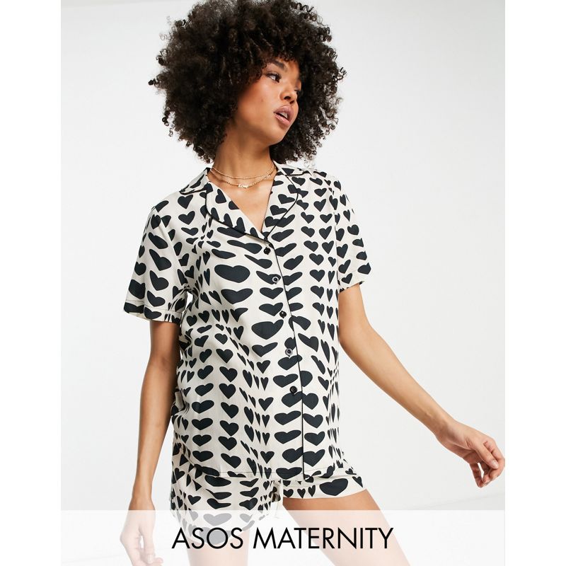 Intimo e abbigliamento notte R4c23 DESIGN Maternity - Pigiama in modal bianco e nero con stampa optical di cuori con camicia a maniche corte e pantaloncini