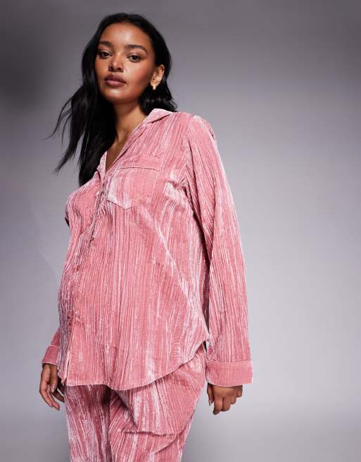 ASOS DESIGN Maternity - Pigiama in velluto rosa testurizzato, 2 di 4