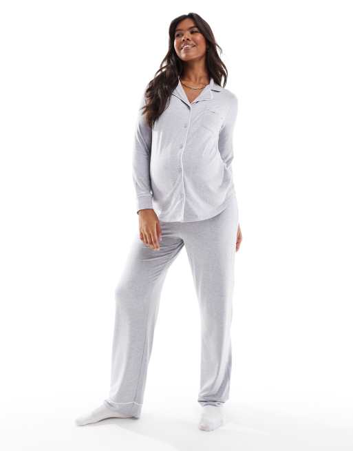 ASOS DESIGN Maternity - Pigiama morbidissimo color grigio mélange composto da camicia a maniche lunghe e pantaloni con profili a contrasto