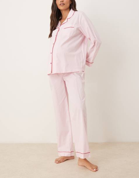 ASOS DESIGN Maternity - Pigiama rosa con profili a contrasto composto da camicia e pantaloni a fondo ampio - view 1
