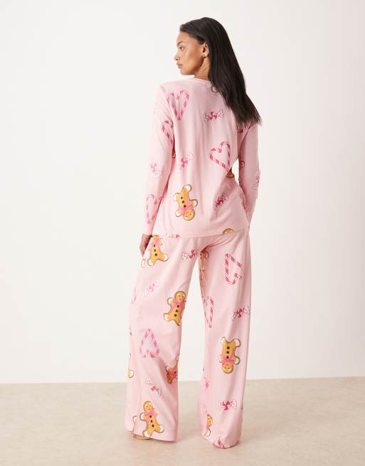 ASOS DESIGN Maternity - Pigiama rosa mélange composto da top a maniche lunghe e pantaloni con stampa di bastoncini di zucchero e pan di zenzero, 4 di 4