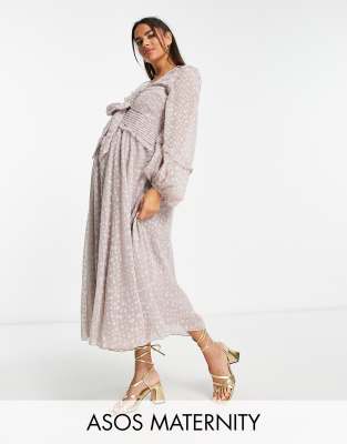 ASOS DESIGN Maternity pleat detail midi dress in jacquard satin spot with tie detail in lilac-Purple