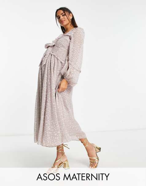 ASOS DESIGN Maternity tie back angel sleeve pleated mini dress with  embroidered bust in sage green