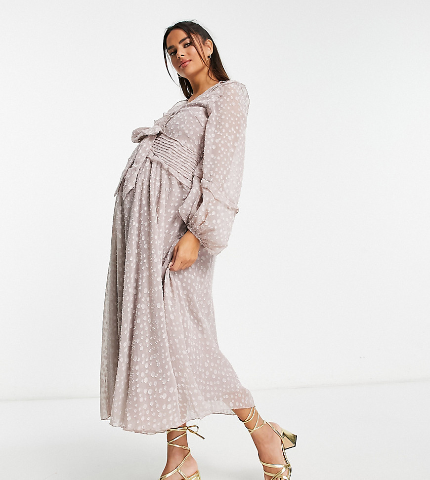 Asos Maternity Asos Design Maternity Pleat Detail Midi Dress In Jacquard Satin Spot With Tie Detail In Lilac-purple