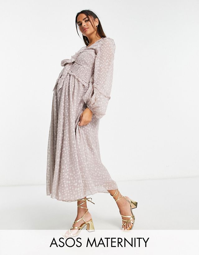 ASOS DESIGN Maternity pleat detail midi dress in jacquard satin spot with tie detail in lilac
