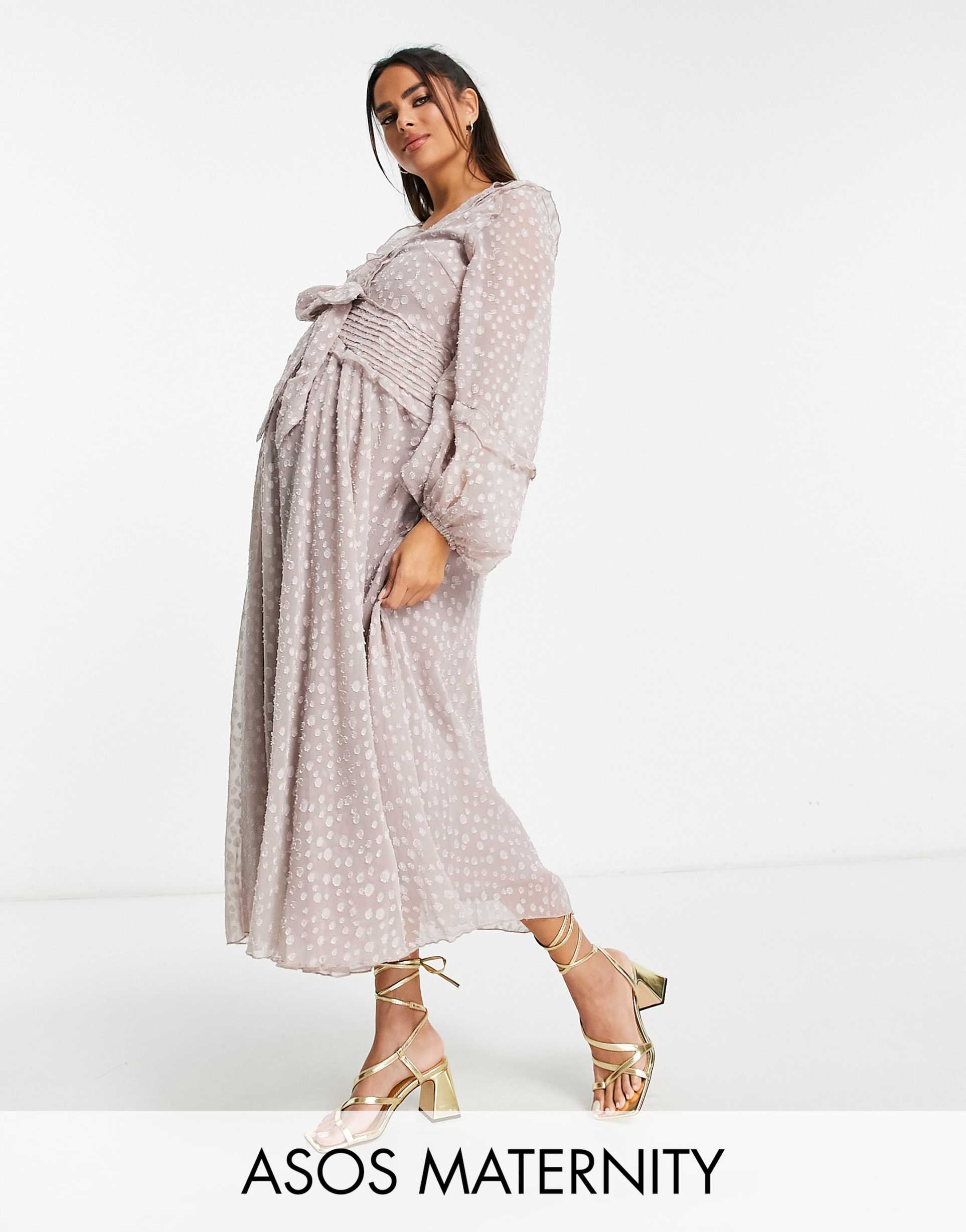 asos design maternity pleat detail midi dress in jacquard satin spot with tie detail in lilac