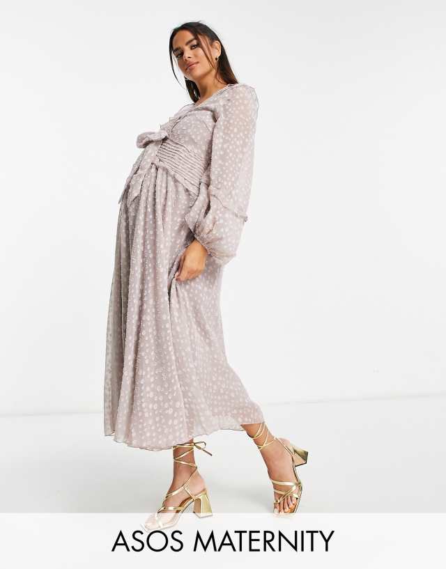 ASOS DESIGN Maternity pleat detail midi dress in jacquard satin spot with tie detail in lilac