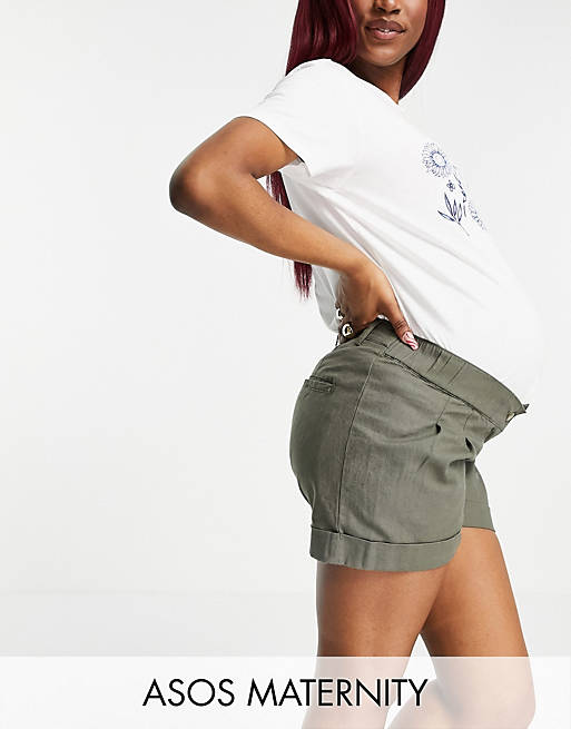 ASOS DESIGN Maternity pleat front linen wide leg short in khaki with under the bump band