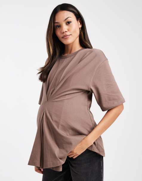 ASOS DESIGN Maternity pleat tuck detail t-shirt in mocha - view 1