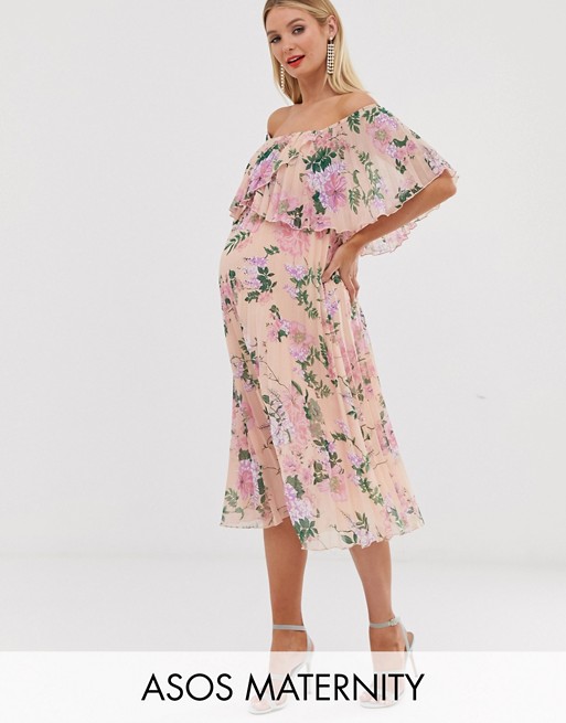 ASOS DESIGN Maternity pleated bandeau midi dress with double layer