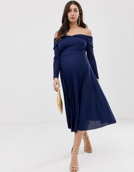 Asos Design Maternity Pleated Bardot Midi Dress Asos 