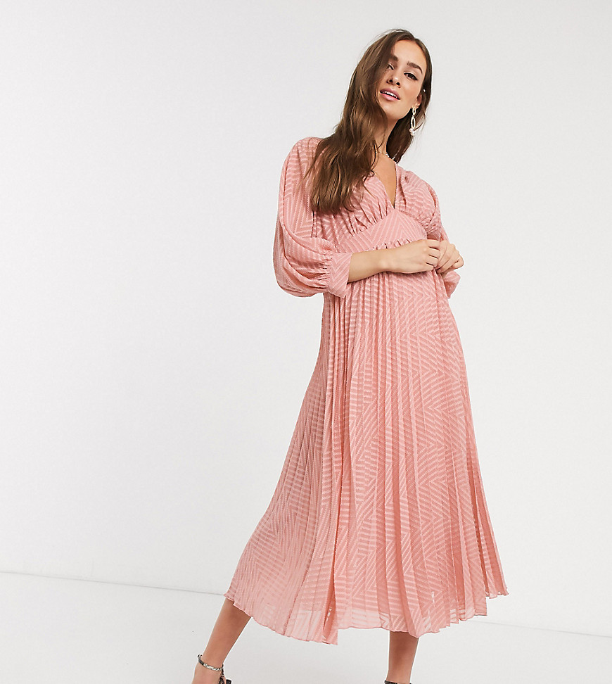 ASOS DESIGN Maternity pleated batwing midi dress in chevron dobby in soft pink