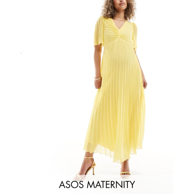 ASOS DESIGN Maternity pleated bodice flutter sleeve pleated midi dress in  yellow | ASOS