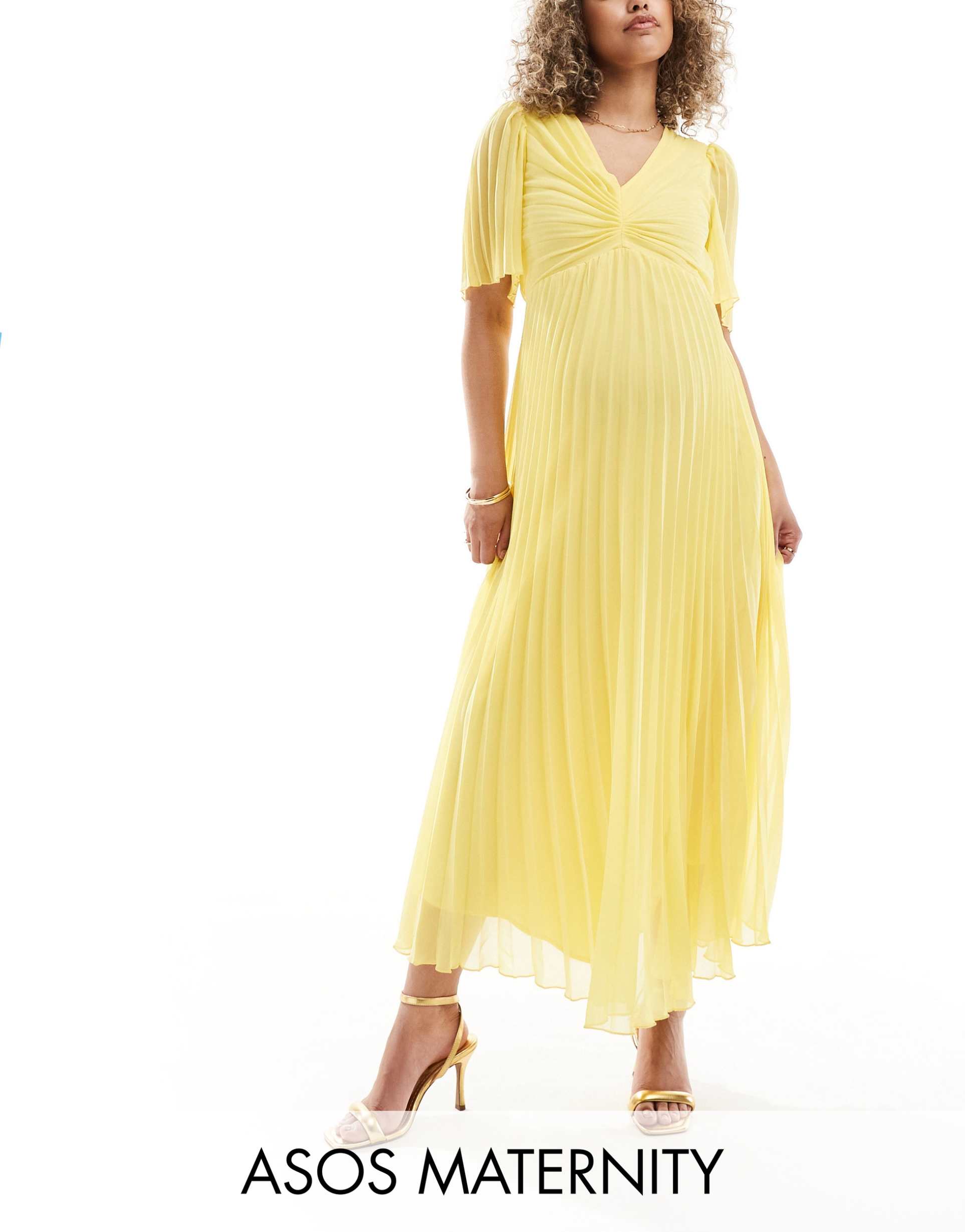 asos design maternity pleated bodice flutter sleeve pleated midi dress in yellow