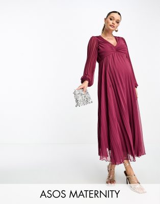 ASOS DESIGN Maternity pleated bodice plunge neck midi dress in oxblood ...