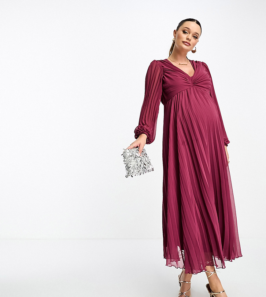 Asos Maternity Asos Design Maternity Pleated Bodice Plunge Neck Midi Dress In Oxblood-red
