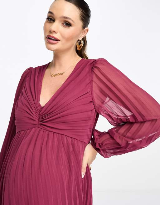 ASOS DESIGN Maternity shirred bust blouson sleeve midi dress in dark pink