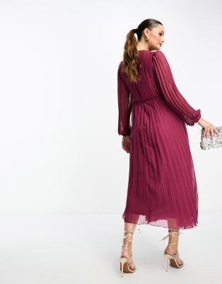 ASOS DESIGN Maternity pleated midi dress with lace inserts in oxblood